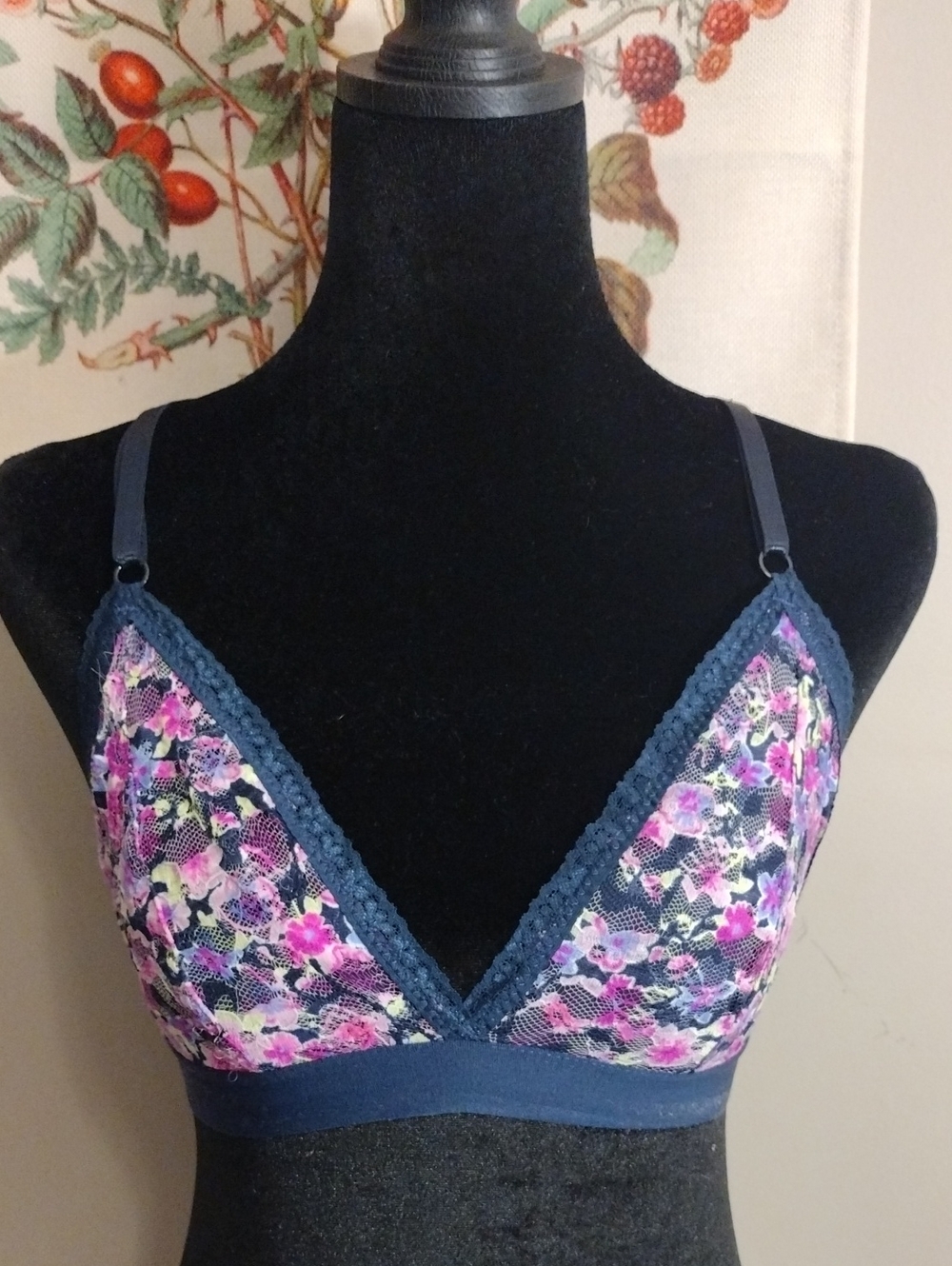 Floral Lace Racerback Bralette in Navy and Pink lace Small